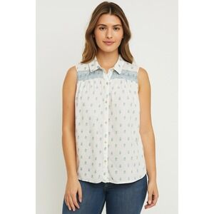 Sonoma Womens Blouse Shirt Large Sleeveless White Blue Floral Button Collared